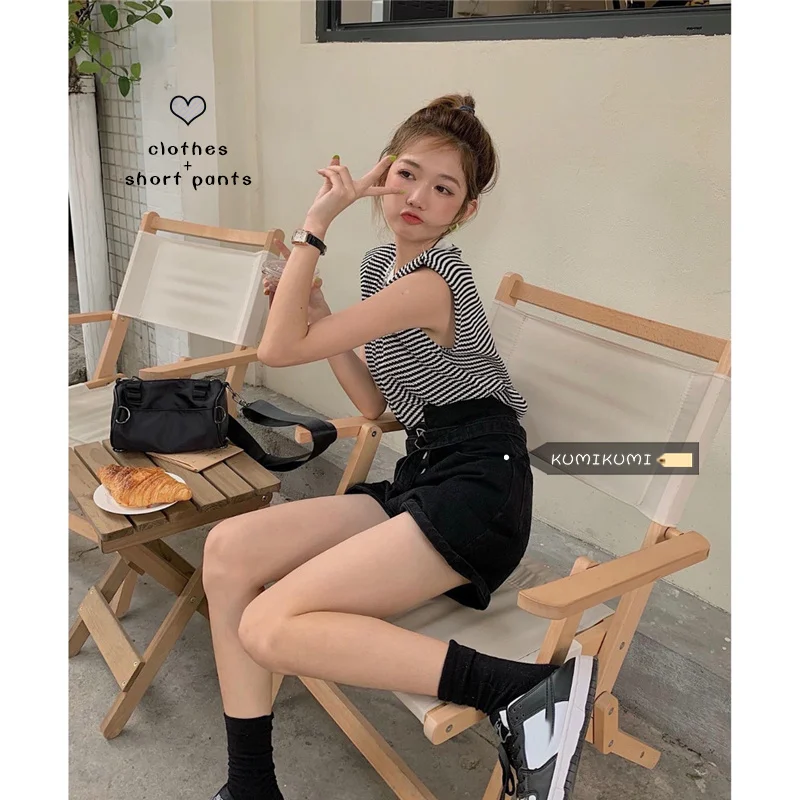 Женский летний комплект из двух предметов: джинсовые шорты с высокой талией |