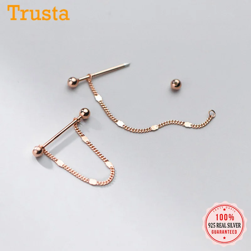 

Trustdavis Real 925 Sterling Silver Fashion Stick Chain Beads Screw Stud Earrings For Women Mother's Day Fine Jewelry DA2029
