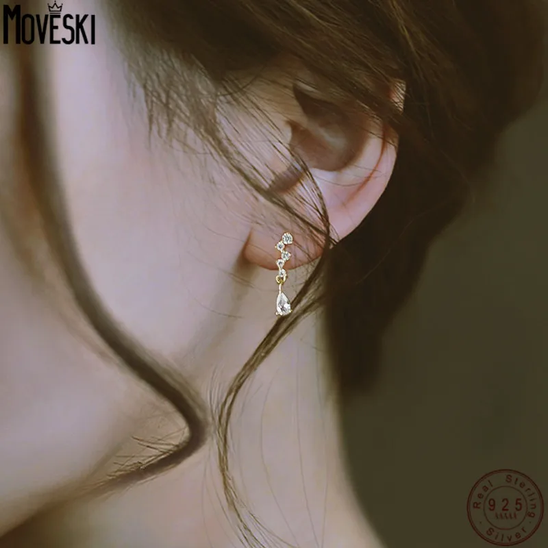 

MOVESKI 925 Sterling Silver Simple Personality Small Fresh Water Drop Zircon Earrings Women 14K Gold Plated Jewelry