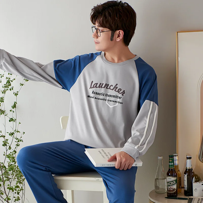

Cotton Long Sleeve Male Pajamas Set Simple Letter Print Home Suit Oversides Loose Men's Pyjamas Winter Sleepwear Set for Men