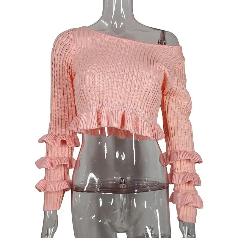 

BKLD 2019 Autumn and Winter Sexy Ruffles Knitted Long Sleeve Striped Sweater Women Solid Color Pullovers Lovely Loose Sweater