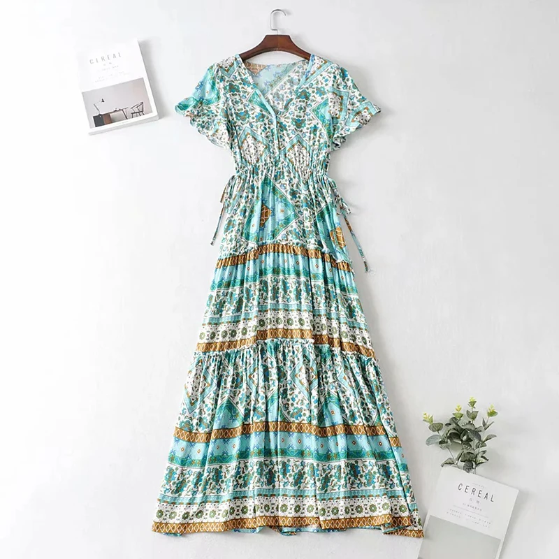 

Women Casual Summer Dress Lace-Up V-Neck Ruffled Short Sleeve Printed Midi Dress Sundress Boho Style Female Clothes Ladies New