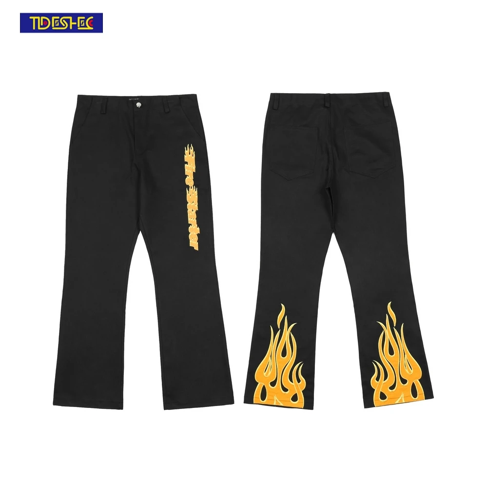 

Harajuku Loose Oversized Spliced Couple Track Pants High Street Yellow Flame Letter Embroidery Straight Mens Casual Trousers