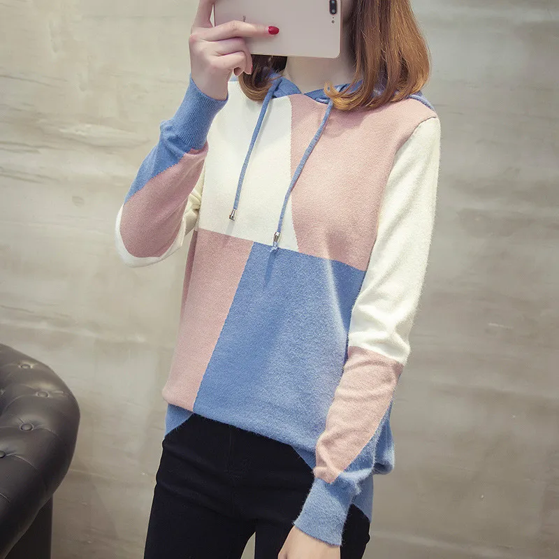 Женский Цветной свитер с капюшоном пуловер Осень-зима 2020 новый корейский