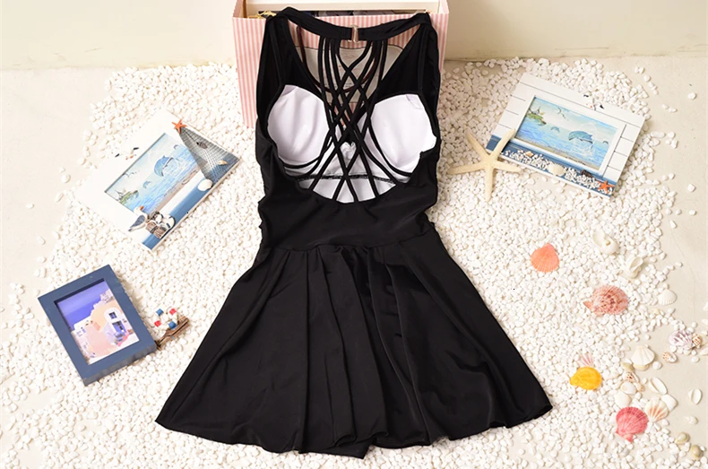M-3XL Plus Size Women Swimsuit Solid Push Up Skirted Bathing Suit Padded One Piece Pleated Swimdress V neck Ladies Swimwear