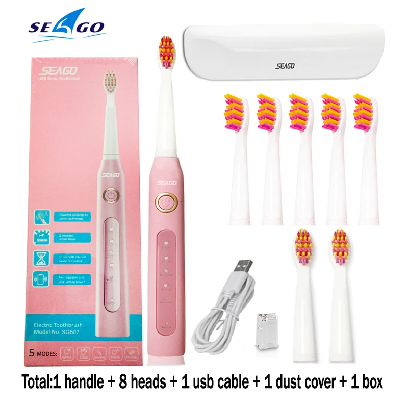 pink brush box head Seago SG507B электрические зубные щетки, звуковая автоматическая щетка для взрослых с таймером, перезаряжаемая USB электрическая зубная щетка, водонепроницаемая подарочная коробка - Цвет: pink brush box head