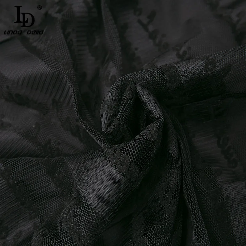 

LD LINDA DELLA Fashion Runway Summer Dress Women O-Neck Perspective Flared sleeve Belt Letter Embroidery Black Mesh Long Dress
