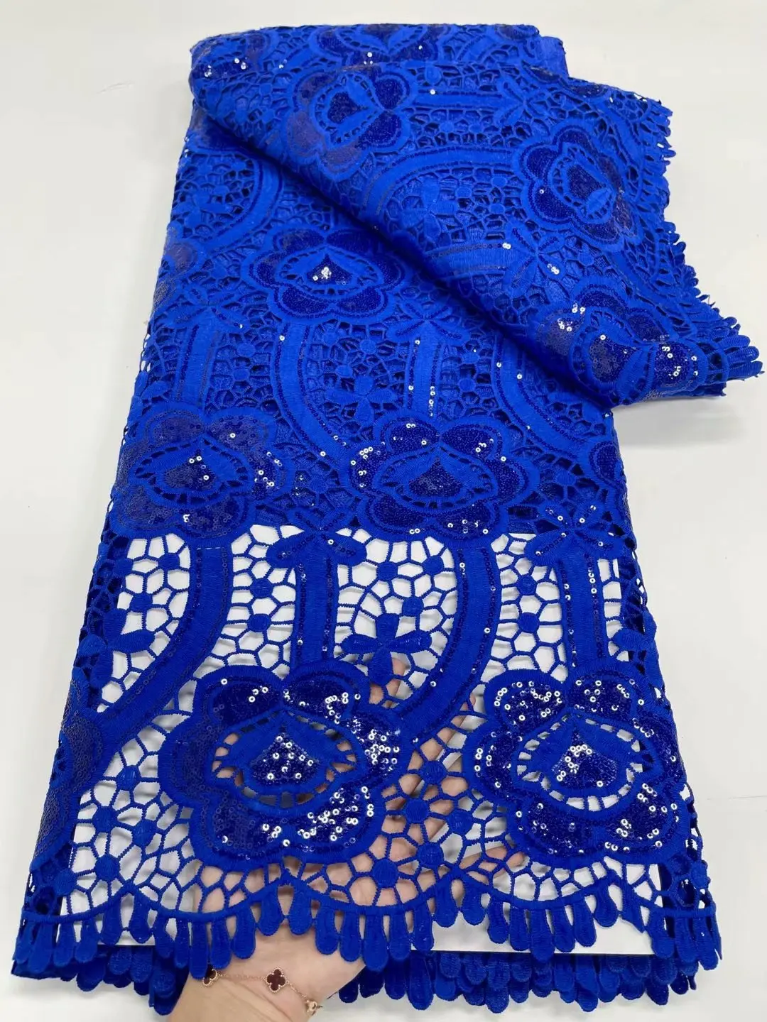 

French royal blue Nigerian Sequins Lace Fabric Bridal 2021 High Quality Lace African Cord Guipure Lace Fabric For Wedding
