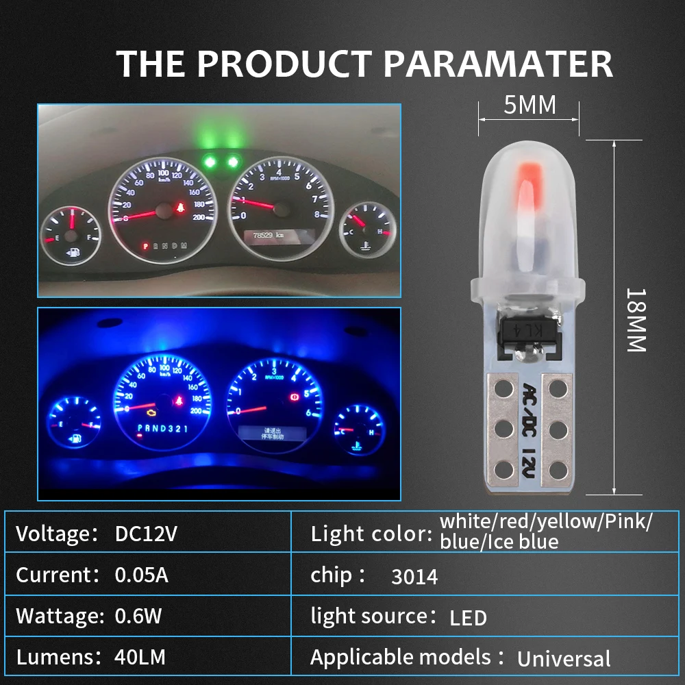 

10PCS T5 W3W Car Dashboard Lights 3014 2 SMD License Plate Light Reading Instrument Panel Lamp Interior Light No Polarity White