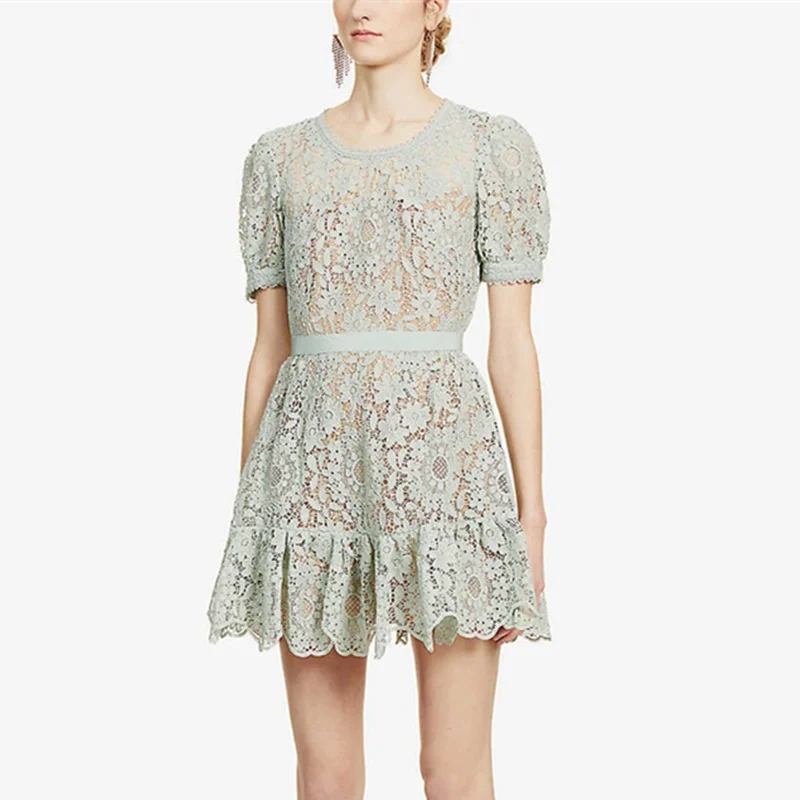 

Женское праздвечерние чное кружевное платье, подиумное дизайнерское милое ажурное летнее зеленое платье с коротким рукавом, 2021