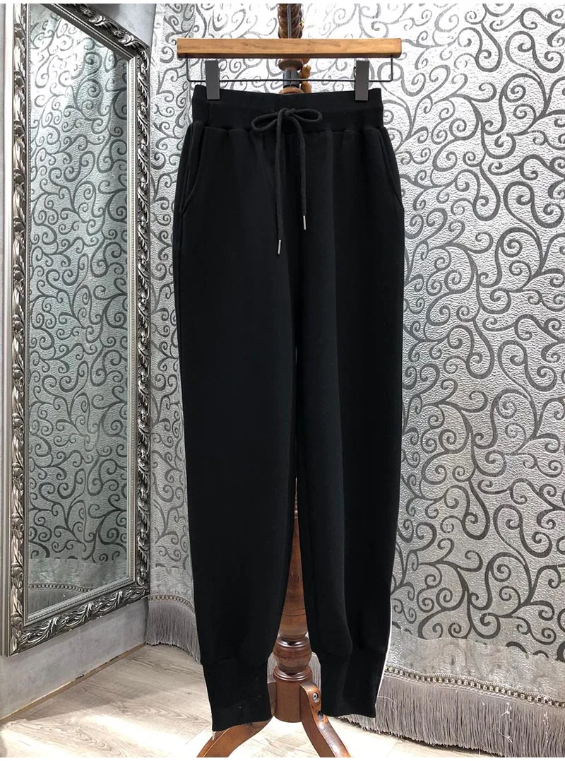New 2020 Autumn Winter Hot Sale Pants Women Drawstring Waist Zipper Deco Rib Kniting Patchwork Casual Grey Black Basic Pant