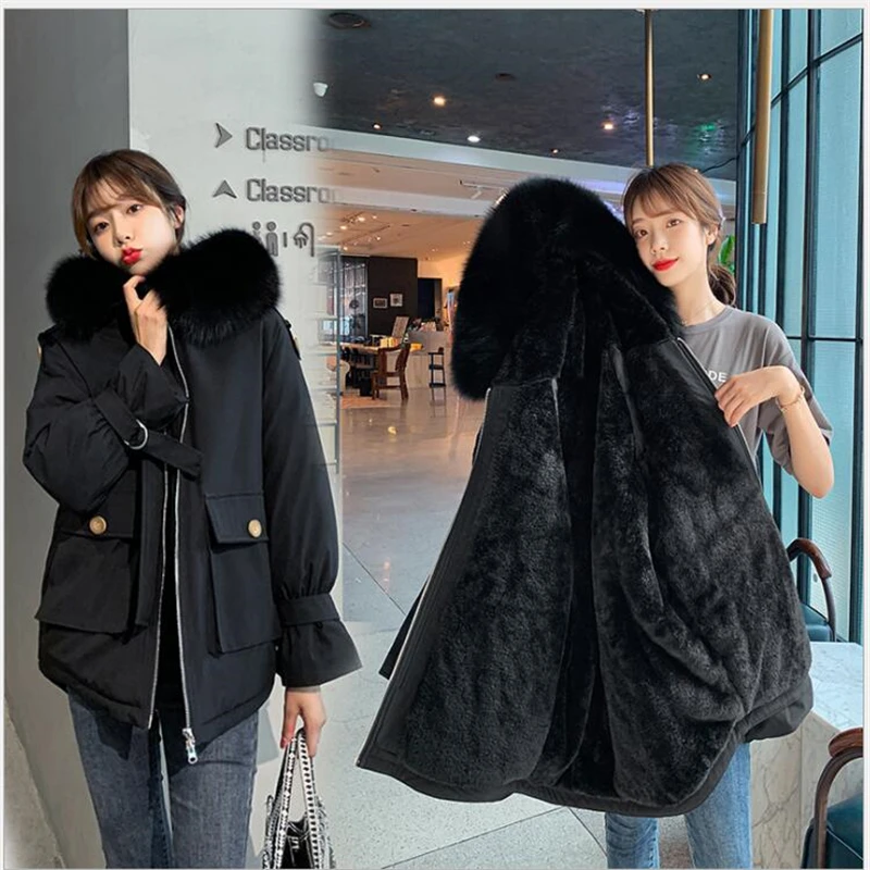 

2020 Cotton Thicken Warm Winter Jacket Coat Women Casual Parkas Winter Fur Lining Hooded Parka Mujer Coats Casaco Feminino G727