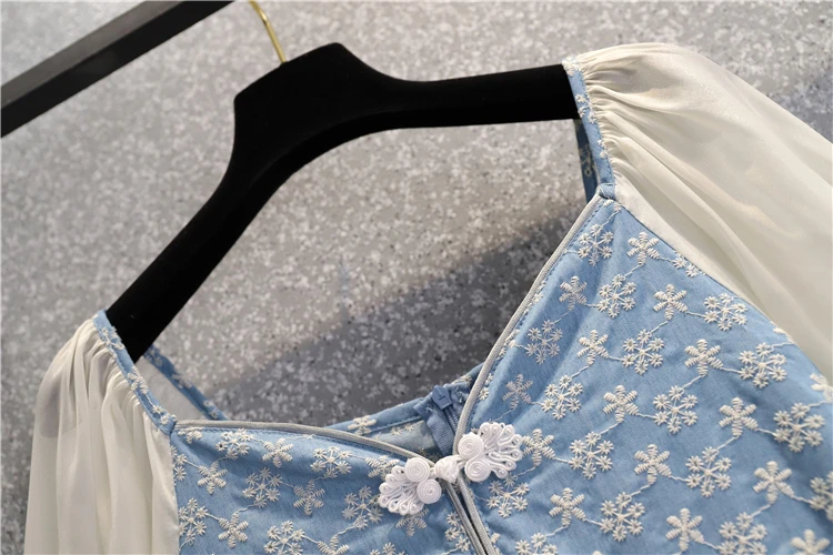 

L-4XL Plus Size Women Embroidery Dresses Summer 2021 Square Collar Patchwork Puff Short Sleeve Loose Ladies Elegant Denim Dress