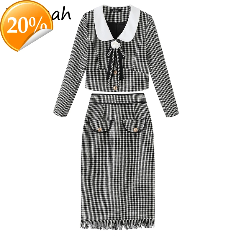 

Summer Women Fashion Designer Rock Set Longarm Plaid Coats + High waist Slim Fit Midi skirts 2-piece suits