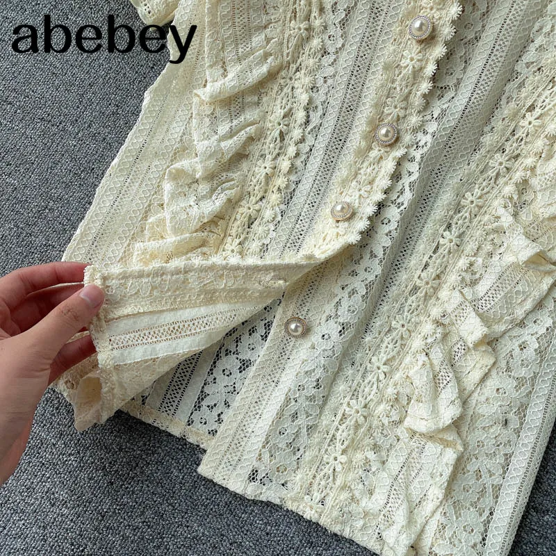

French Sweet Lace Blouse Women V Neck Single Breasted Casual Tops Sping Bohemian Streetwear Blouses