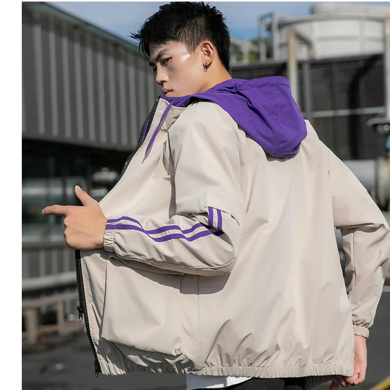 Мужская куртка 2019 Повседневная полосатая с имитацией двух частей капюшоном на