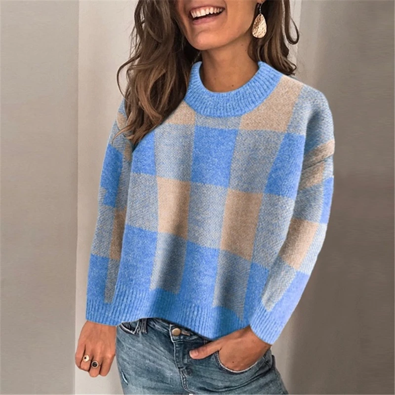 

Women Sweater Color Black Splicing Autumn Long Sleeve Round Neck Plaid Pullover Casual Style rabbit hair Tops winter sweater