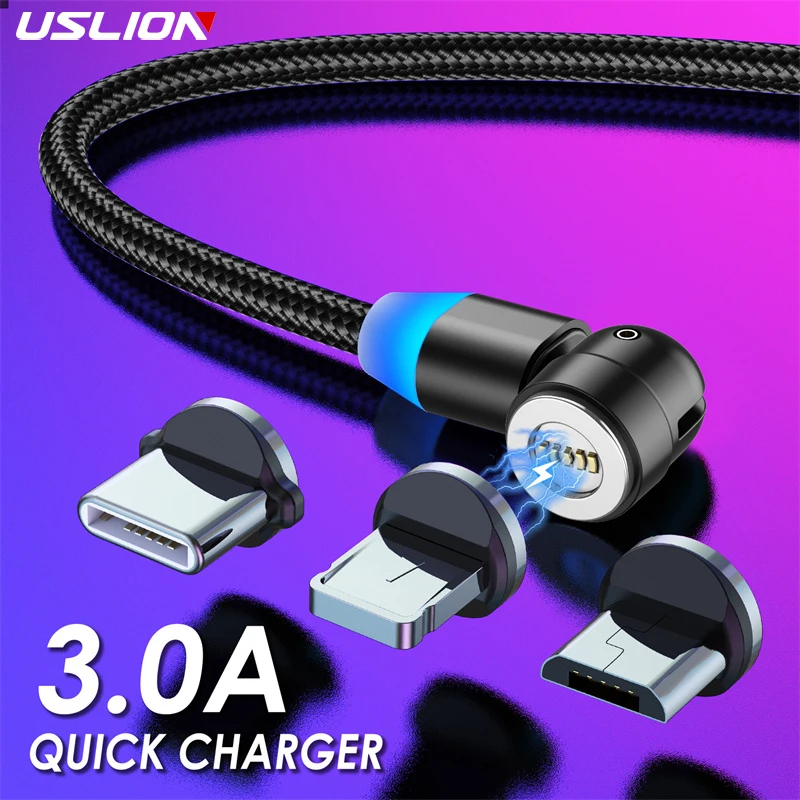 

USLION 540 Rotation Magnetic USB Cable Micro Type C Cable 3A Fast Charging For iPhone 11 12 Pro Max Xiaomi Mobile Phone Cable