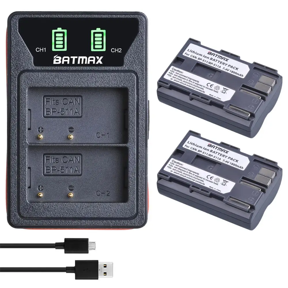 

2X BP-511A BP-511 BP 511 511A BP511 BP511A Battery + LED USB Dual Charger for Canon EOS 40D 300D 5D 20D 30D 50D 10D D60 G6