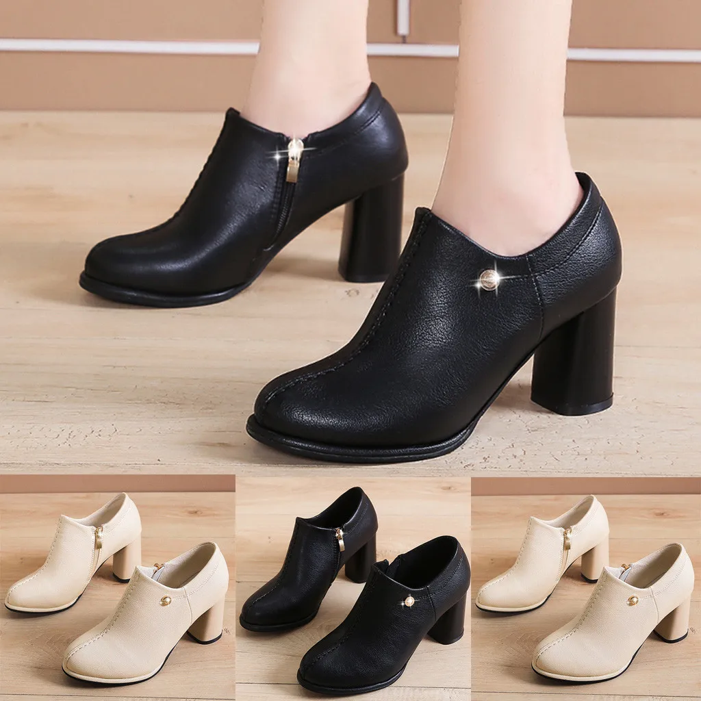 

SAGACE leather boots women High Heels shoes woman 2019 new Waterproof Short Boot Ladies Round Head Thick Bottom Ankle Boots #4Z