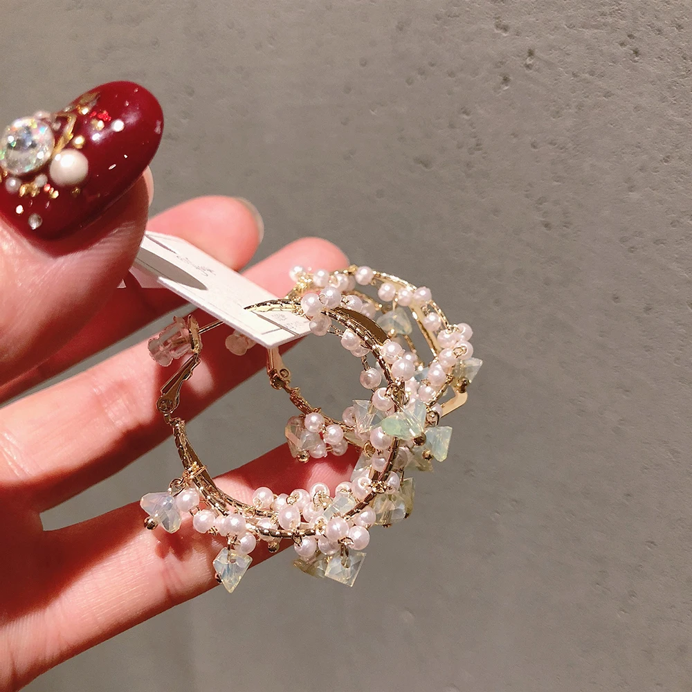 

925 silver needle Korean version of protein green crystal pearl earrings fashion personality ear hoop earrings