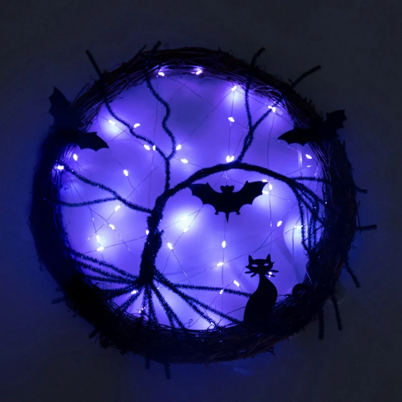 

Simulation Cat and Bat Glow Wreath Halloween Decorative Wreath Door Hanger for Halloween Home Party Decoration