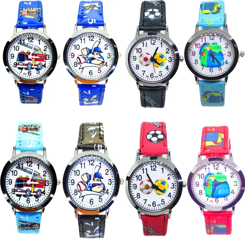 

Kids Watch Cartoon Printed Leather Strap 4 Styles School Bag Football Baseball Fire Truck Children Watches Boy Girl Gift Clock