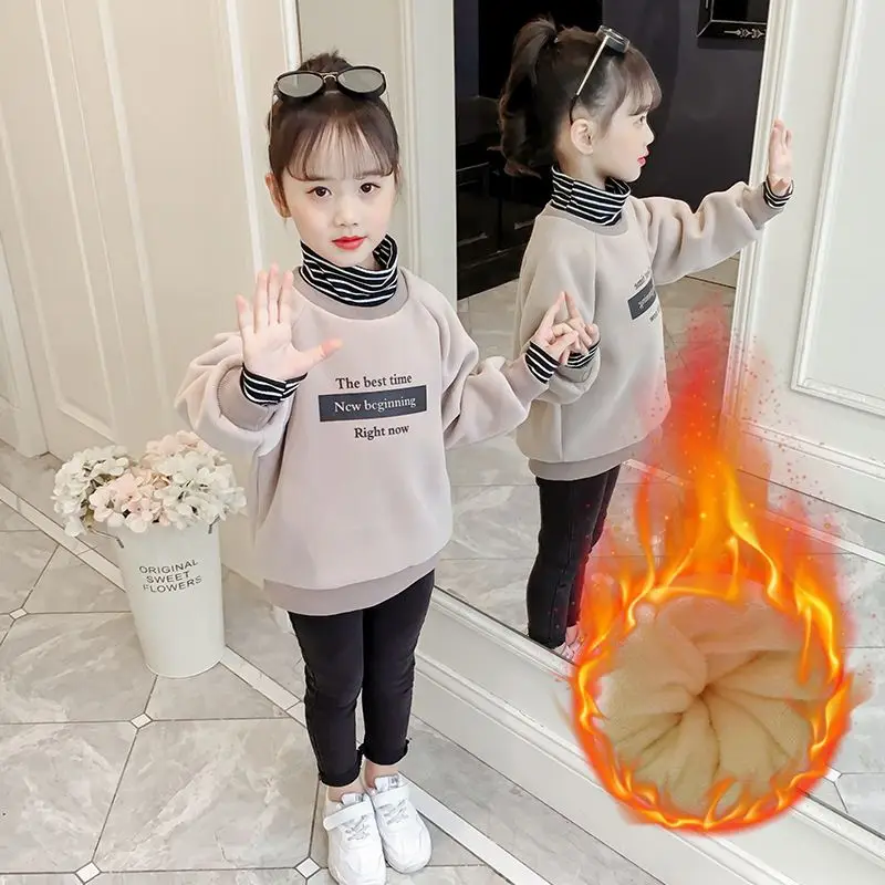 

New 2020 Girls Winter T-Shirts Plus Velvet Thicken Warm Kids Casual Letter Striped Tops Bottoming Shirt Child TX360