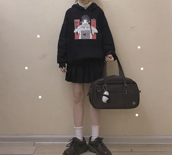 Harajuku Kawaii аниме девушка с капюшоном Толстовка японский Винтаж милый черный флис толстовка с рисунком женский объемный пуловер