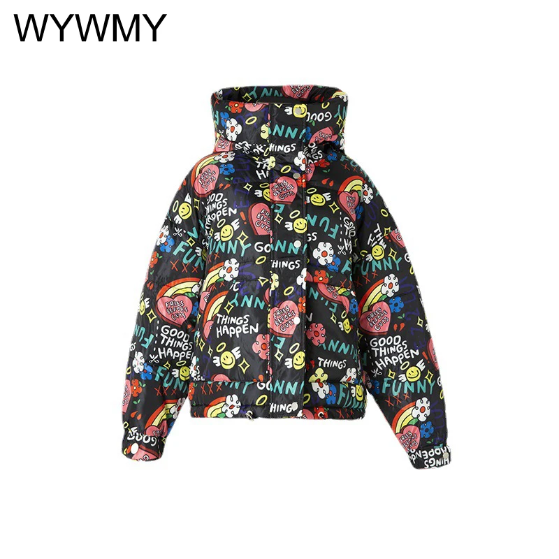 WYWMY Winter Down Jacket Women Print Padded Coat Female Fashion Style Zipper Outerwear Hooded Short Parka Mujer 2021 Oversized