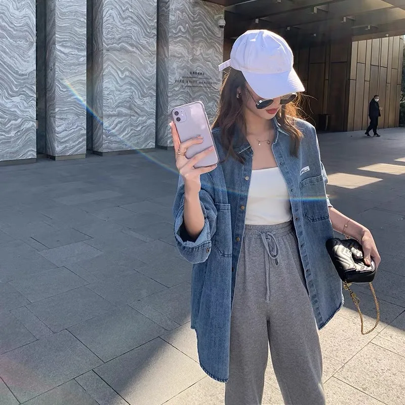 Куртка женская джинсовая однобортная с длинным рукавом винтажный жакет из