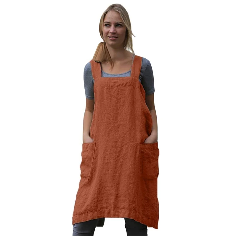 

ALSYIQI Womens Square Apron Baking Cooking Gardening Works Cross Back Cotton/Linen Blend Dress with 2 Pockets