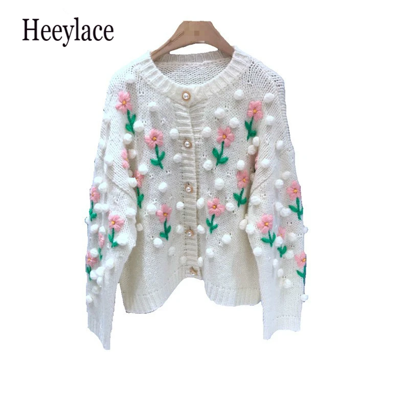 

Flower Embroidery Hairball Knitted Sweater Fresh Sweet Exquisite Chic Button Femme Jacket Autumn Winter Cardigan Women 2020