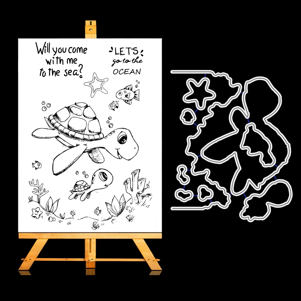 

ZhuoAng Cute turtle Cutting Dies and Clear Stamp Set for DIY Scrapbooking Photo Album Decoretive Embossing Stencial