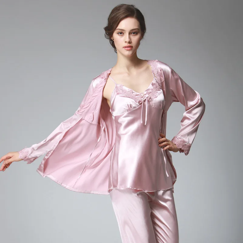 Women's Pajamas Sets Spring Ice Silk Sling Nightgown Robe Long Pants 3Pcs Suit Large Size Home Wear Sleep Tops Sexy Sleepwear