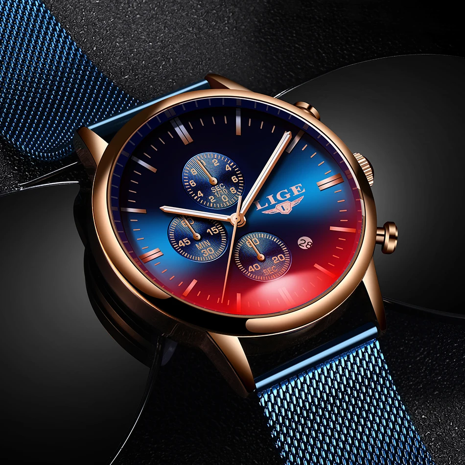 Часы reloj hombre LIGE мужские с сетчатым ремешком брендовые Роскошные модные
