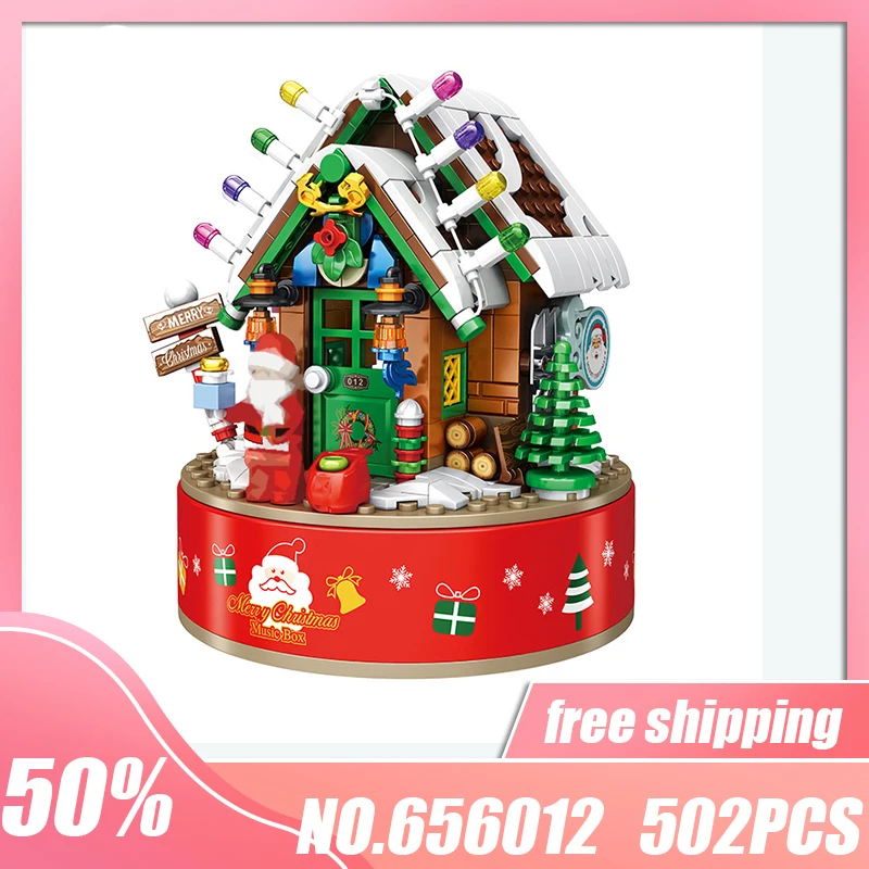 

Winter Village Rotating Christmas Ideas Model Christmas Hut Music Box 502pcs Building Blocks Bricks Children Toy Christmas Gifts