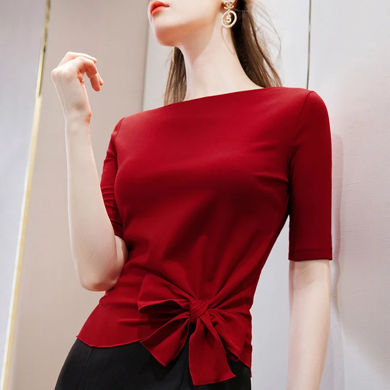 

Mid-sleeve T-shirt Women's 2021 Spring and Summer New Women's Five-point Sleeve T-shirt Hem Bow Tie Strap One-shoulder Top