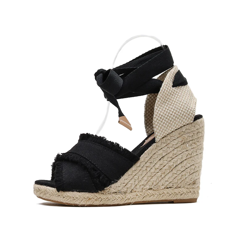 Женские сандалии на танкетке с ремешками и пеньковой веревкой лето | Обувь