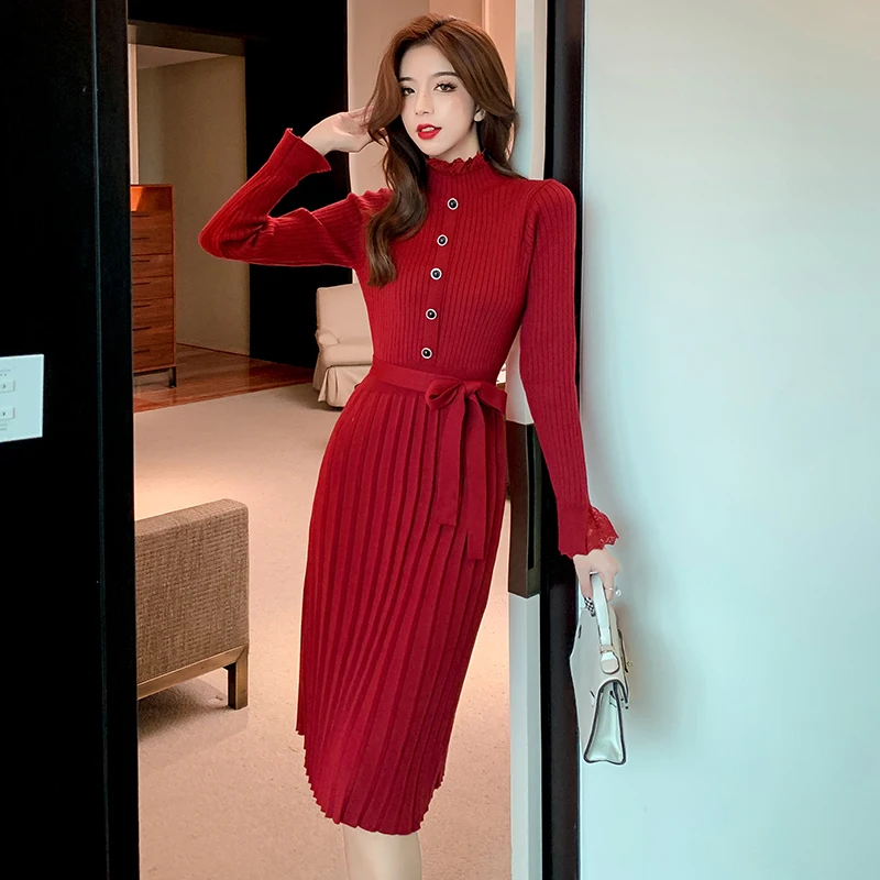 

Elegant Lace-up Sweater Dress Pleated Autumn Winter New Women's Warm Sweater Long Sleeve Mid-Length Knitting Dress Female