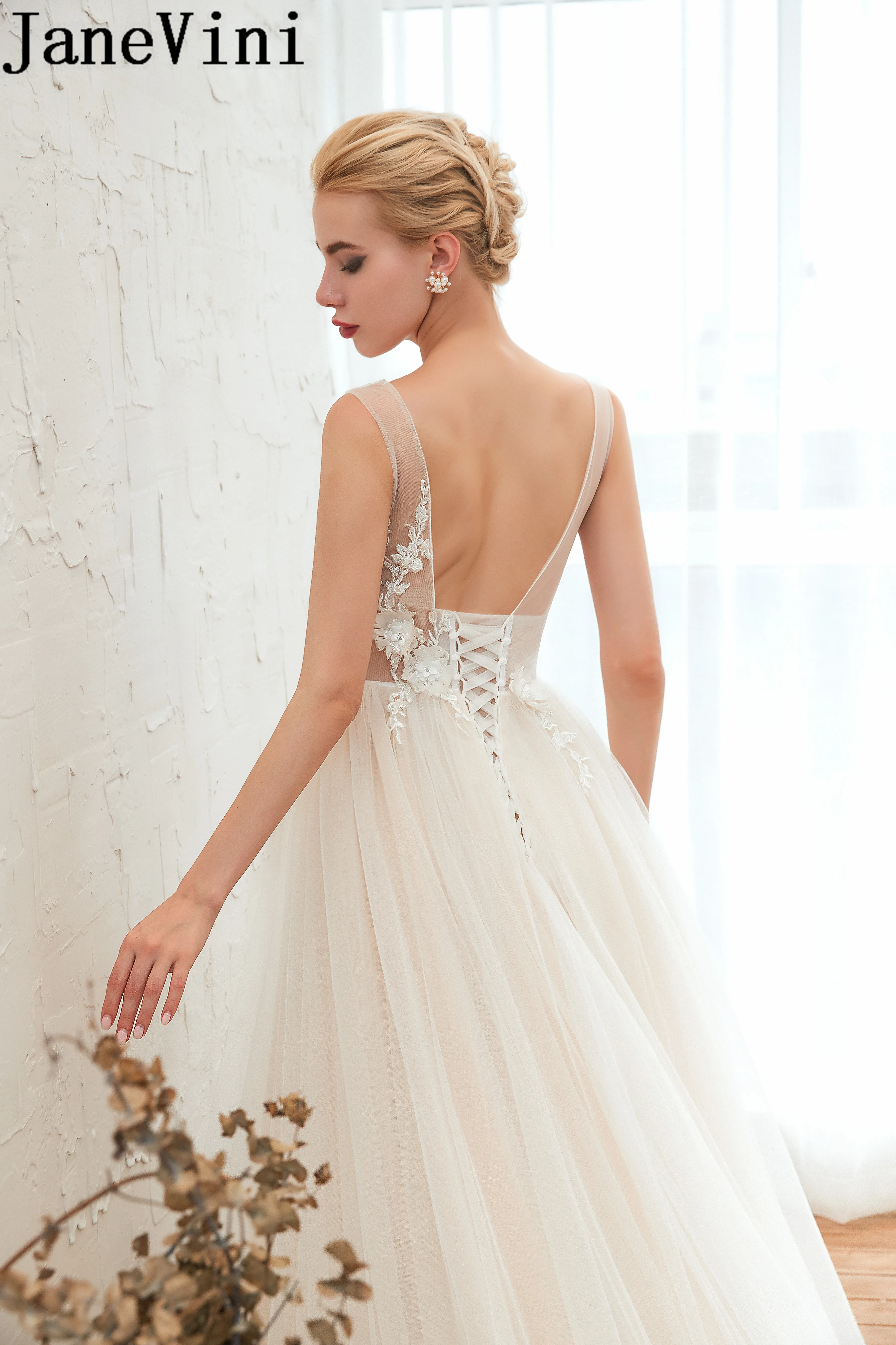 

JaneVini 2020 Beach Princess Wedding Dresses White A Line Beaded Sexy Backless Lace Appliqued Bride Gown vestido de novia blanco