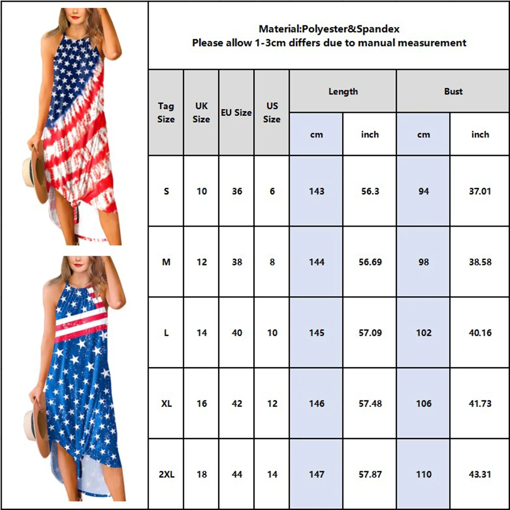 

Independence Day Women Flag Print Strap Dress with Split Summer Hem Asymmetry Fashion Festival Sleeveless Ladies Vestdios D30