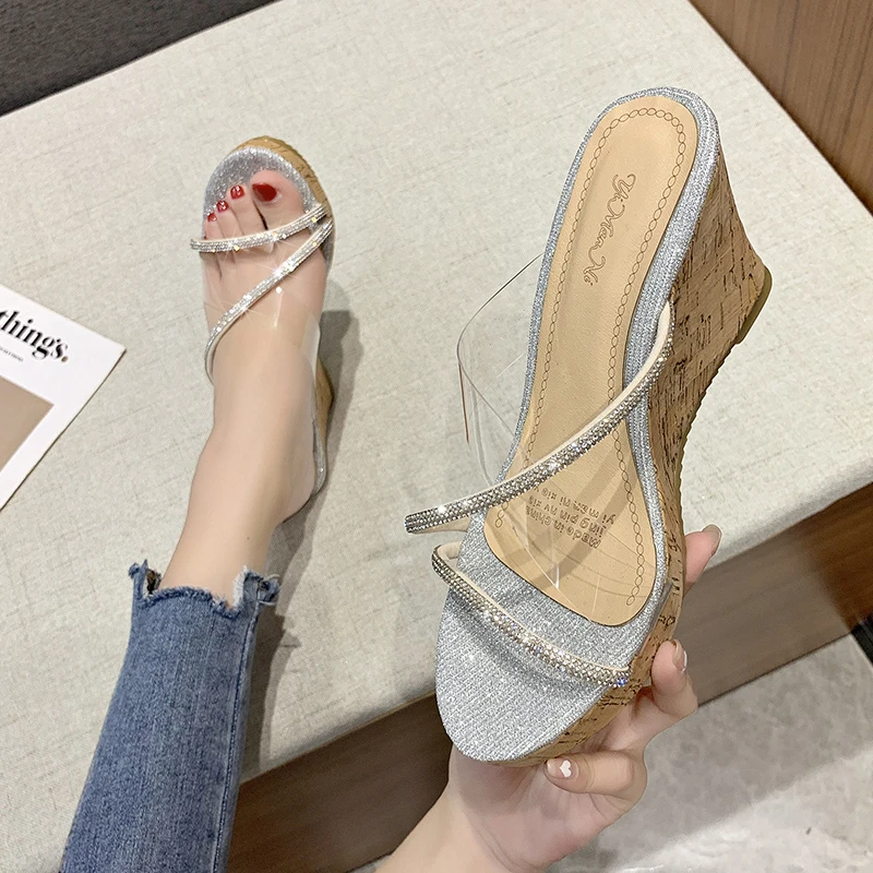 

Summer Wedge Sippers Women High Heels Sandals 2021 Cross Strap Rhinestone Slippers Slope Heel Transparent Platform Slippers