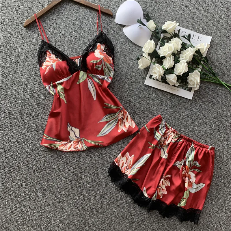 Lisacmvpnel Sexy Lace Pajamas Suit Imitate Real Silk Camisole Shorts Twinset Woman Printing | Женская одежда