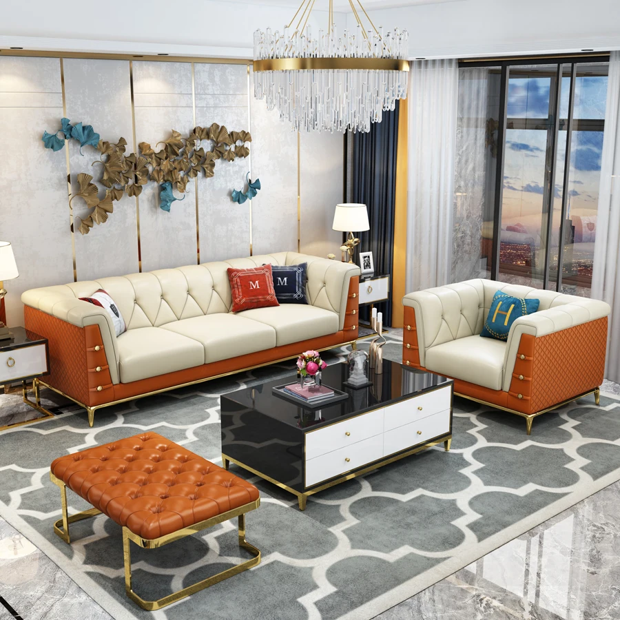 

Postmodern light luxury leather sofa Hong Kong style simple combination large family living model room three people