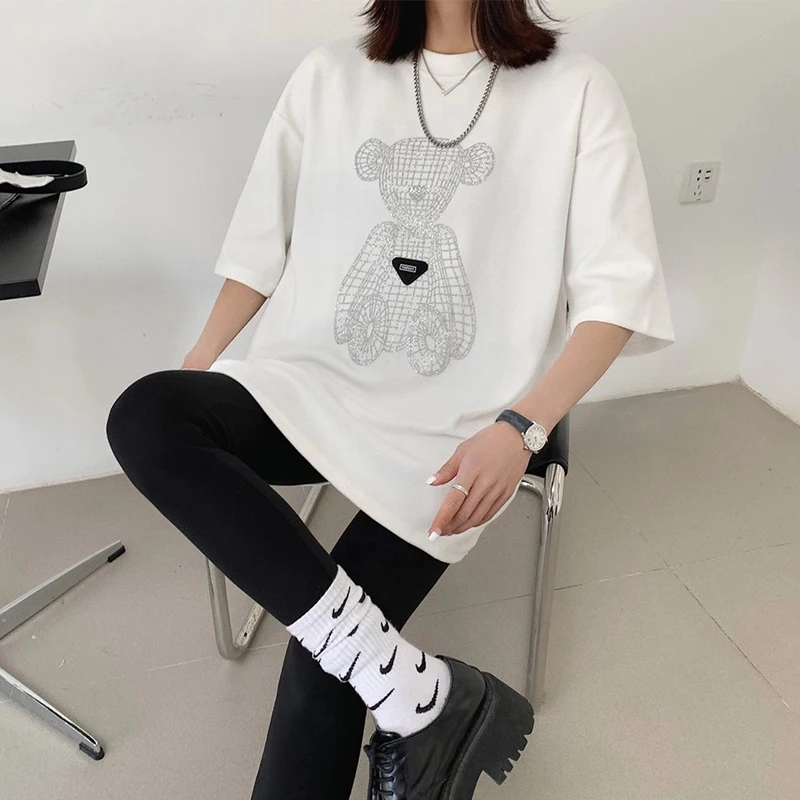 

Fashion Summer Women's Loose-Fit T-Shirt Bear Crew Neck Thick Versatile Mid-Length Tops