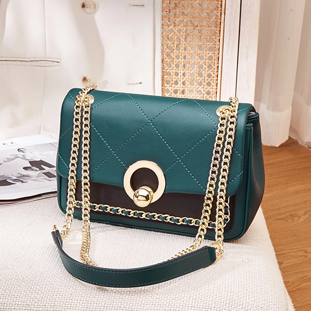 

2021 New Stylish Good Texture Hardware Chain Shoulder Contrast Color Bag Women's Bag