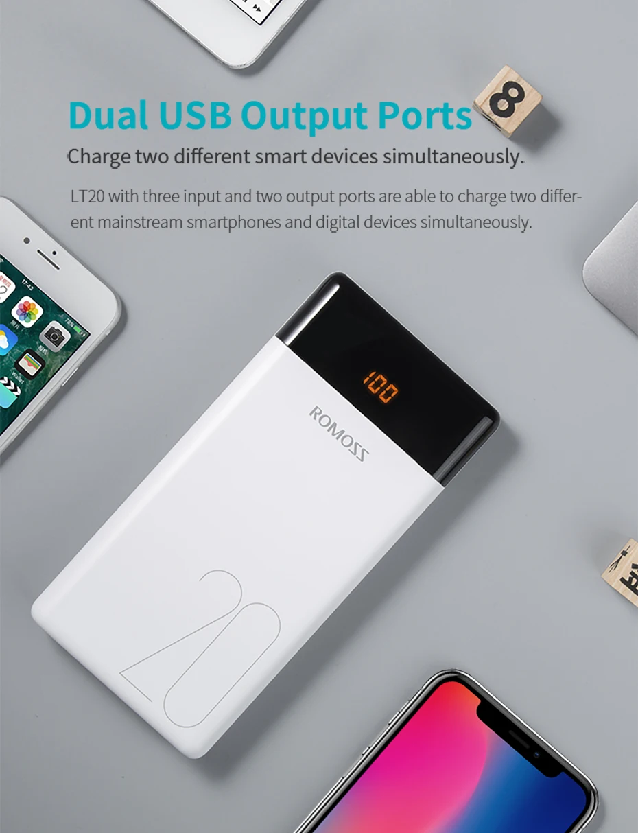 20000 мАч ROMOSS LT20 внешний аккумулятор с двумя usb-портами внешний аккумулятор с светодиодный дисплеем быстрое портативное зарядное устройство для телефонов Xiaomi