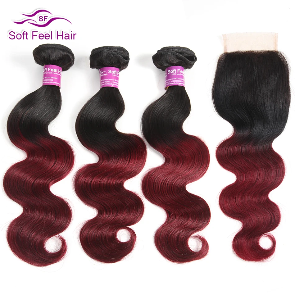 Soft Feel Hair Бразильские пучки волос с закрытием волнистые 3/4 пучков с закрытием Remy человеческие волосы пучки с закрытием