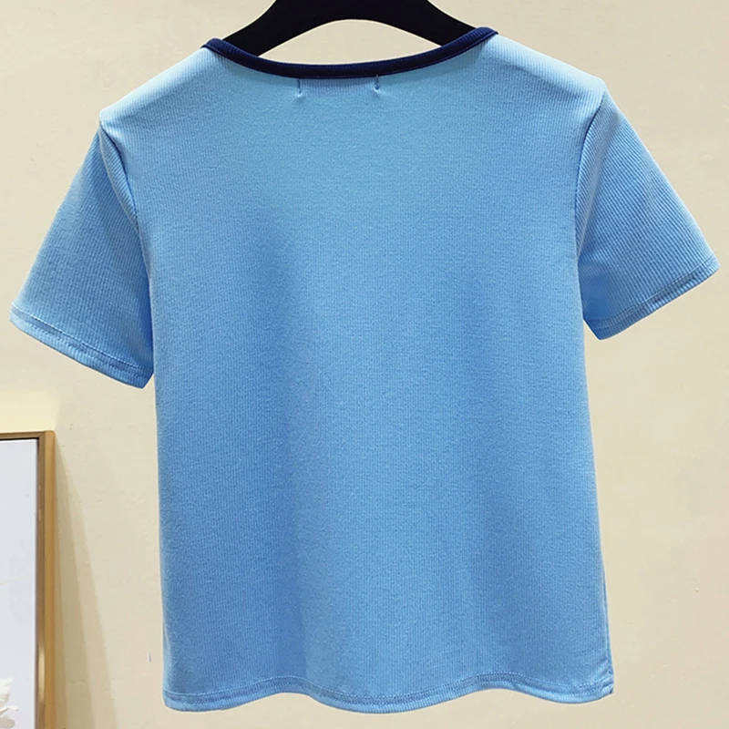 

LJSXLS 2021 Cotton T-shirt Women Black Short Sleeve Tops Chic Button O-Neck Women's Tee Shirt Summer Solid Casual T Shirt Femme
